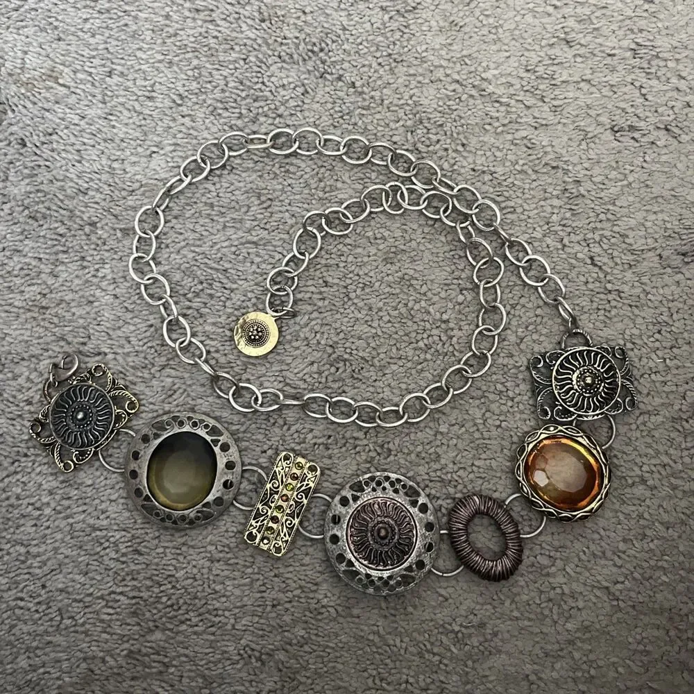 Chico's Concho Belt Boho Chunky Chain Belt Oversized Jewels Silver Tone